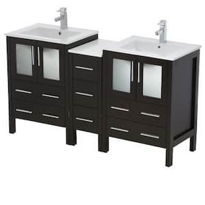 Torino 60 in. Double Vanity in Espresso with Ceramic Vanity Top in White with White Basins and Mirrors
