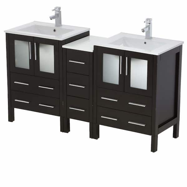 Fresca Torino 60 in. Double Vanity in Espresso with Ceramic Vanity Top in White with White Basins and Mirrors