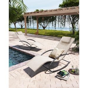 2-Piece Metal Patio Outdoor Rocking Chaise Lounge in Beige with Headrest