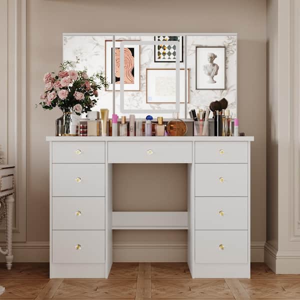 Makeup Vanity Table with Lighted Mirror, Vanity Desk Set with Shelves,  Dresser Desk and Cushioned Stool Set White