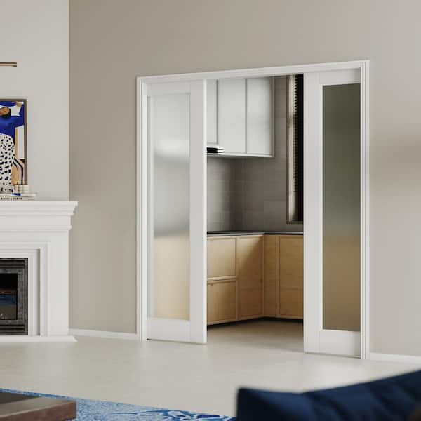 64 in. x 80 in . （32''X 2）1-Lite White MDF Tempered Frosted Glass Double Sliding Pocket Door Frame With Hardware Kit