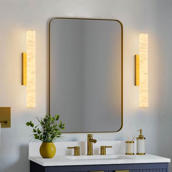 Natural Alabaster 27.5 in. 2-Light Modern Gold LED Spanish Marble Wall Light Cylinder Wall Sconces (M-2-Pack)