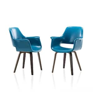 Timbey PU Leather and Wood Uphostered Blue Dining Arm Chair (Set 2)