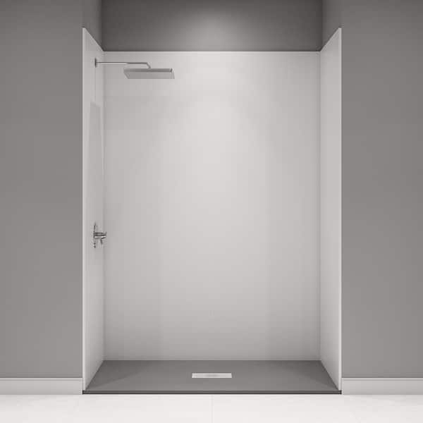 CASTICO 60 in. L x 32 in. W x 84 in. H Solid Composite Stone Alcove Shower Kit w/ White Walls and Cntr Graphite Sand Shower Pan