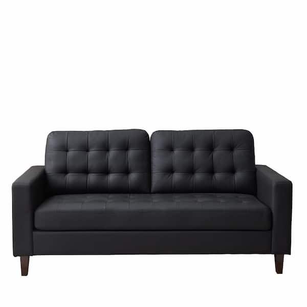 Brookside Brynn 76 in. Black Faux Leather Upholstered 3 Seat Square Arm Sofa with Removable Cushions and Buttonless Tufting