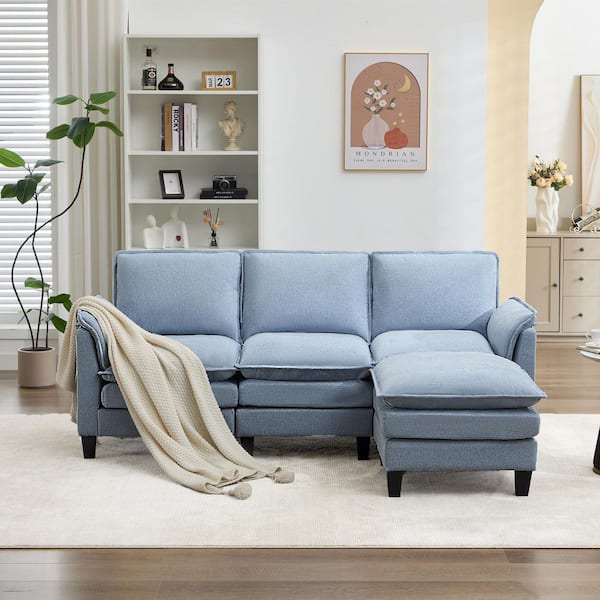 75.59 in. W Modern Velvet Linen Double-Layer Cushion Sectional Sofa with Ottoman in. Blue