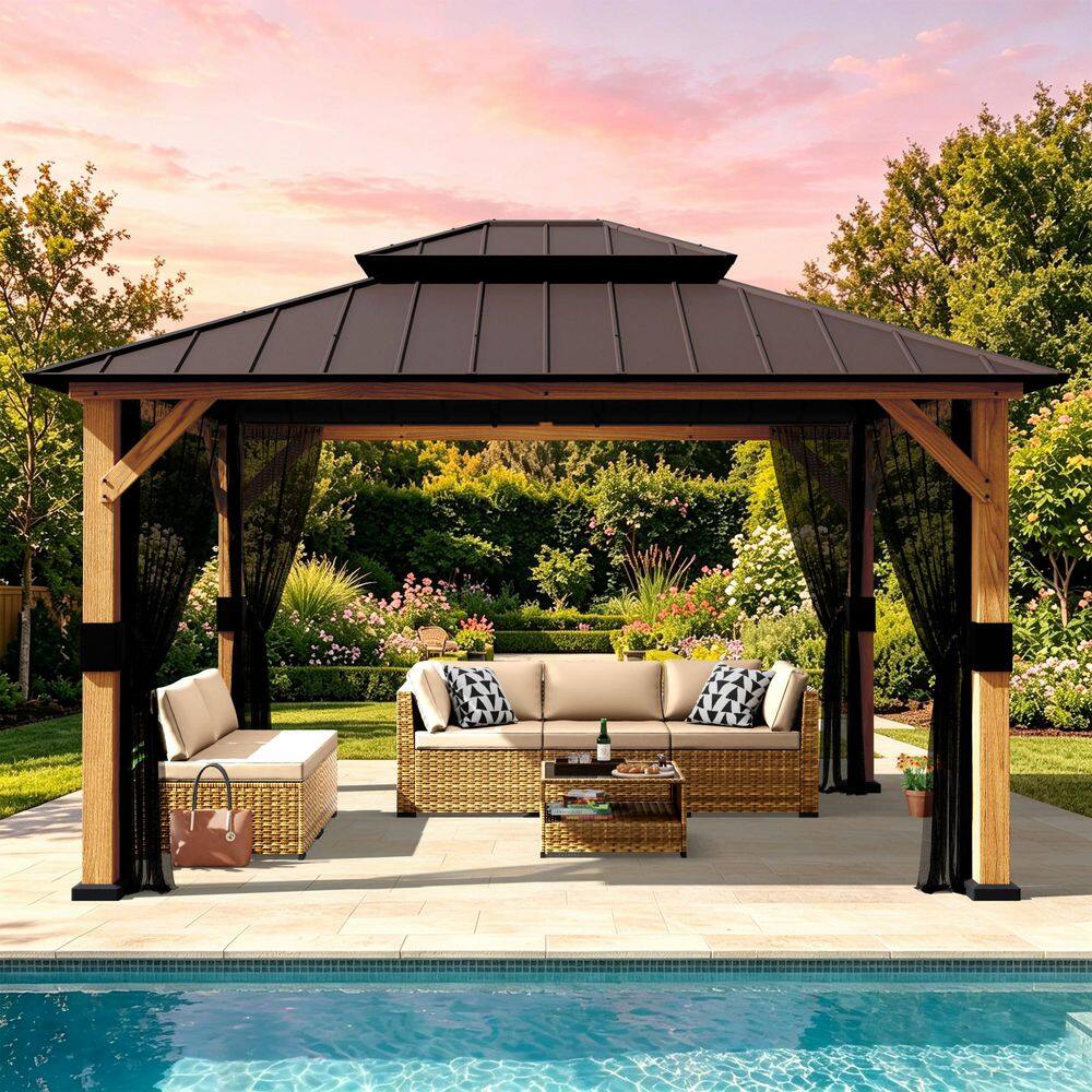 JOYSIDE 13 ft. x 11 ft. Cedar Wood Outdoor Patio Hardtop Gazebo