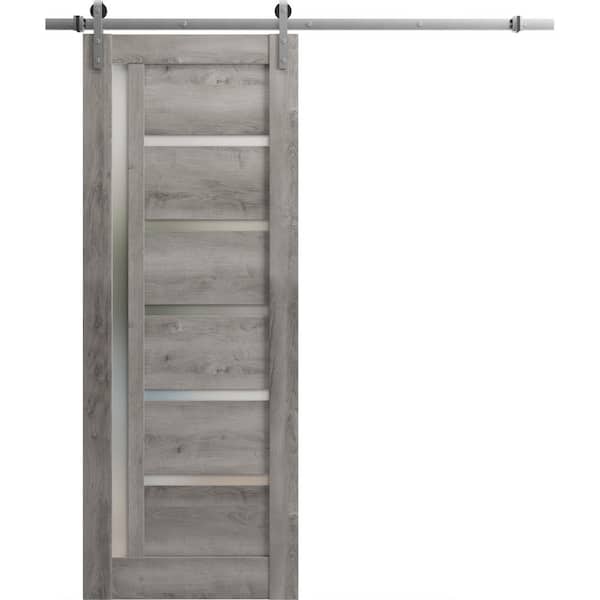 36 in. x 96 in. 1 Panel Frosted Glass Nebraska Grey Wood Sliding Barn Door with Hardware Kit