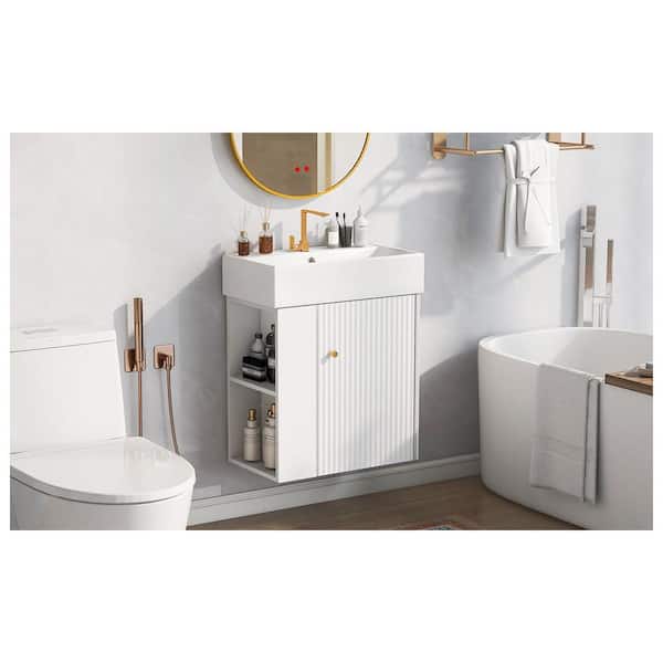 21.6in.W x 12.2in.D x 26.4 in. H Left Side Storage Single Sink Floating White Bath Vanity, with White Ceramic Top Basin
