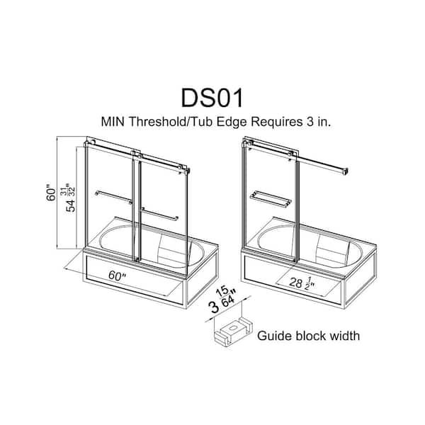 MCOCOD 60 in. W x 60 in. H Double Sliding Frameless Tub Door in Brushed Gold with Smooth Sliding and 3/8 in.(10 mm) Clear Glass