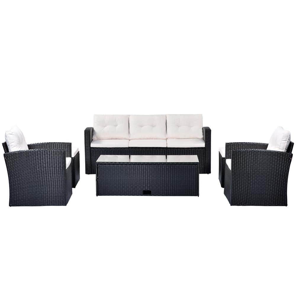 Patio Black 6-Piece Wicker Patio Conversation Set with Beige Cushions -  Wateday, PF-FG20AA