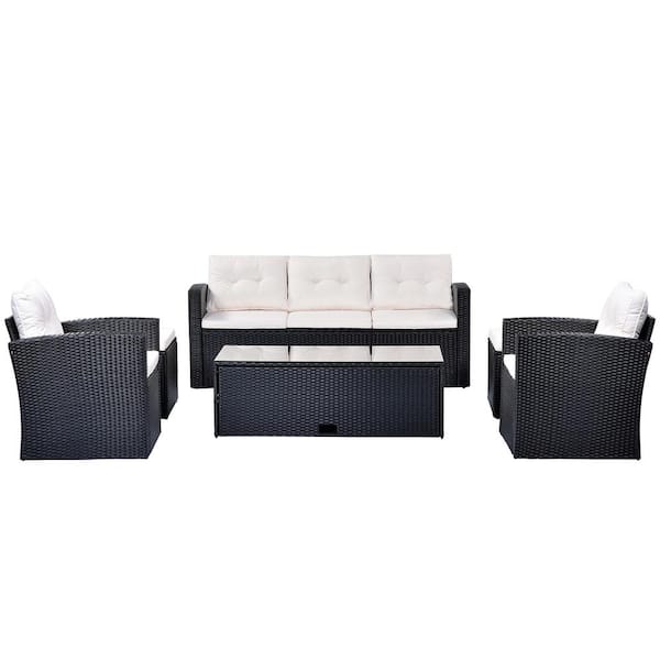 Wateday Patio Black 6-Piece Wicker Patio Conversation Set with Beige Cushions