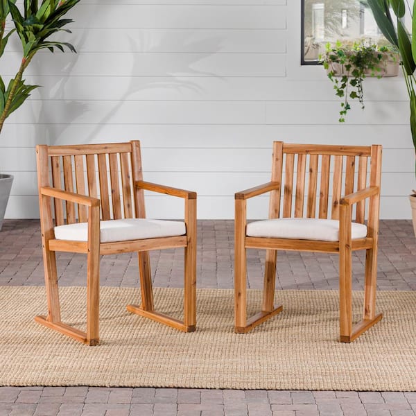 Walker Edison Furniture Company Natural Modern Slatted Wood Outdoor Dining Chair with Bisque Cushion (2-Pack)