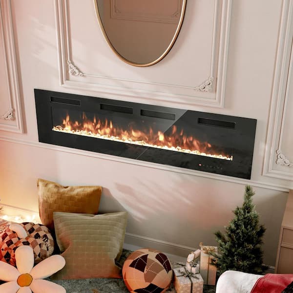 70 in. Wall Mounted Wooden Electric Fireplace TV Stand with 36 in. Insert Black Finish
