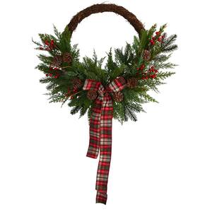 28 in. Unlit Pine and Pinecone Artificial Christmas Wreath with Decorative Bow