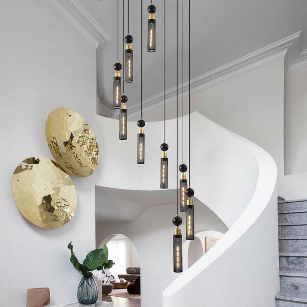 Jushua Modern 9-Light Black and Gold Adjustable Height Chandelier