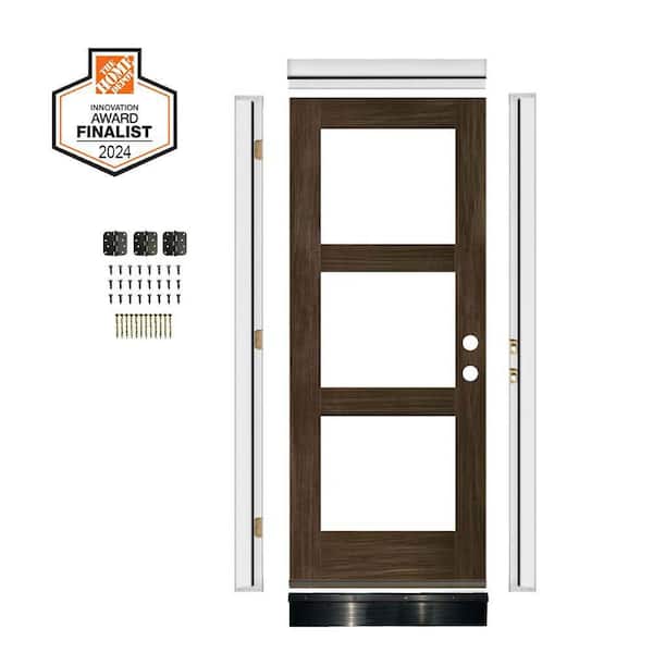 DIY 32 in. x 80 in. Modern Hemlock LeftHand 3-Lite Clear Glass Black Stain Wood Front Door Kit w/ Quick Assemble Jamb