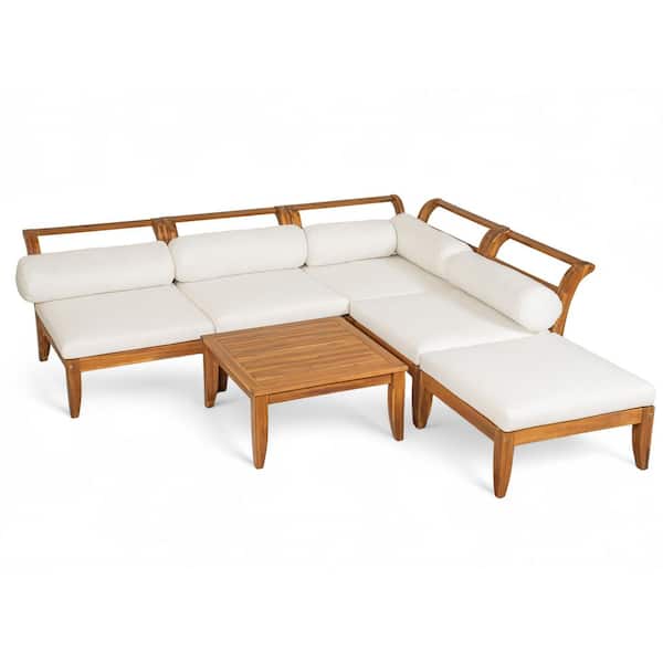 6-Piece Acacia Wood Patio Outdoor Coversation Sofa Sectional Set with Tea Table, Ottoman, Beige Cushion and Pillows
