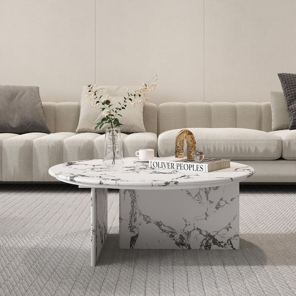 33 in. White Round Marble Coffee Table with Sturdy Base and Rounded Corners for Living Room
