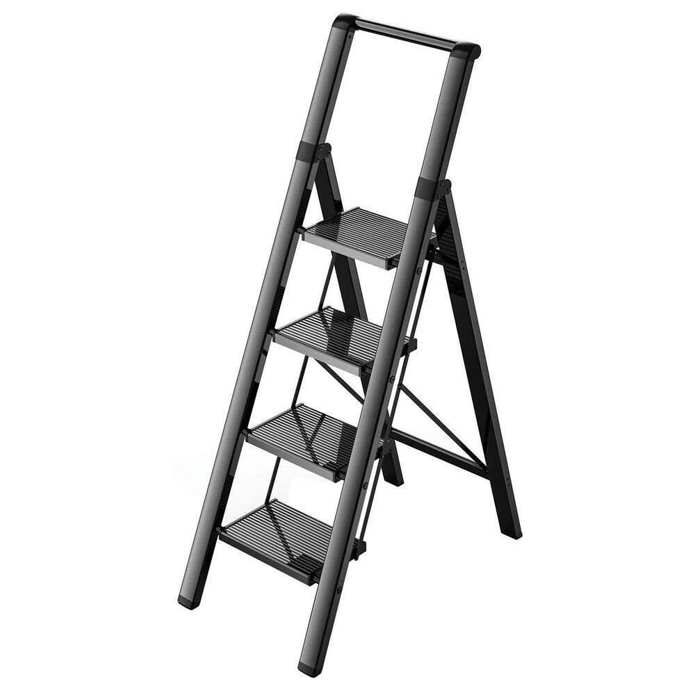 4-step, 330 lb capacity steel ladder with non-slip wide aluminum steps and 