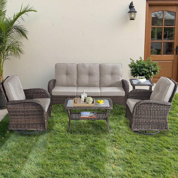 Brown 5-Piece Wicker Patio Conversation Set with Swivel Rockers, Outdoor Sofa Seating Set with Beige Cushions