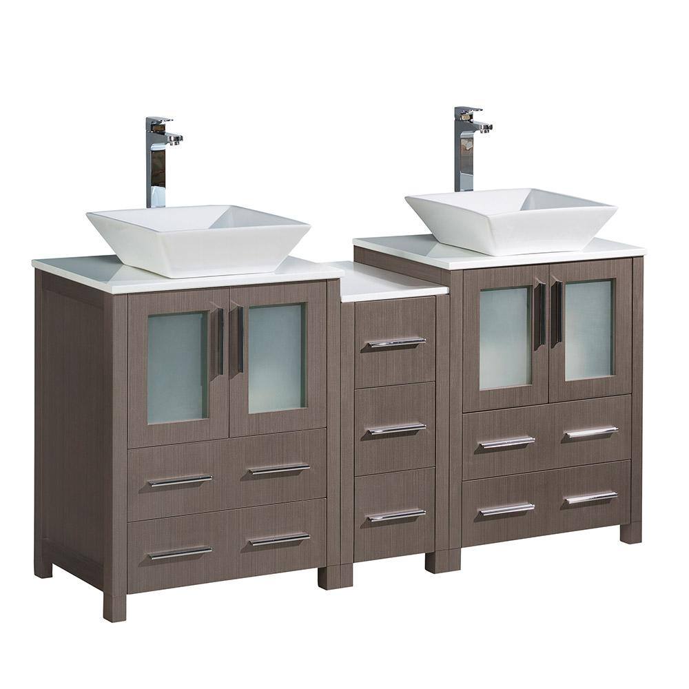 Gray Oak 60" Double Vessel Sink Freestanding Vanity with Ceramic Top