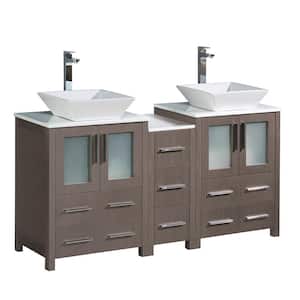 Torino 60 in. Double Vanity in Gray Oak with Glass Stone Vanity Top in White with White Basin