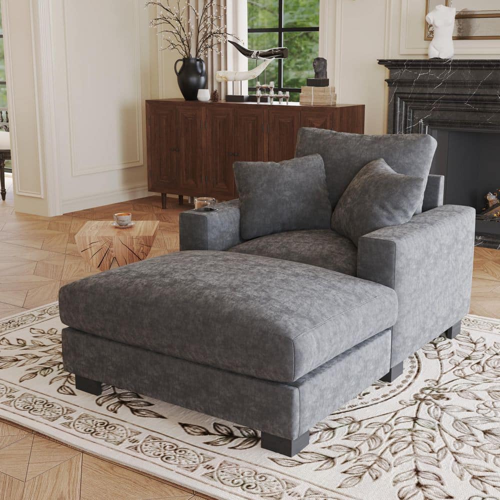Gray 40.9 in. Polyester Square Arm Chaise Lounge with USB Charge Station, Cup Holder, Pillows