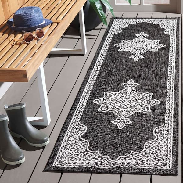 Beach House Charcoal/Ivory 2 ft. x 10 ft. Border Ornate Medallion Indoor/Outdoor Runner Rug