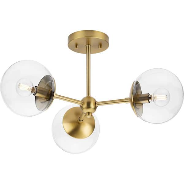 Progress Lighting Atwell Collection 22 in. 3-Light Brushed Bronze Semi-Flush Mount Mid-Century Modern with Clear Glass Shade