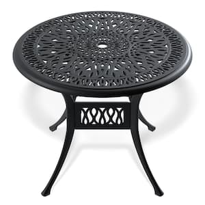 35.43 in. Round Cast Aluminum Patio Dining Table with Black Frame and Umbrella Hole for Backyard, Balcony and Poolside