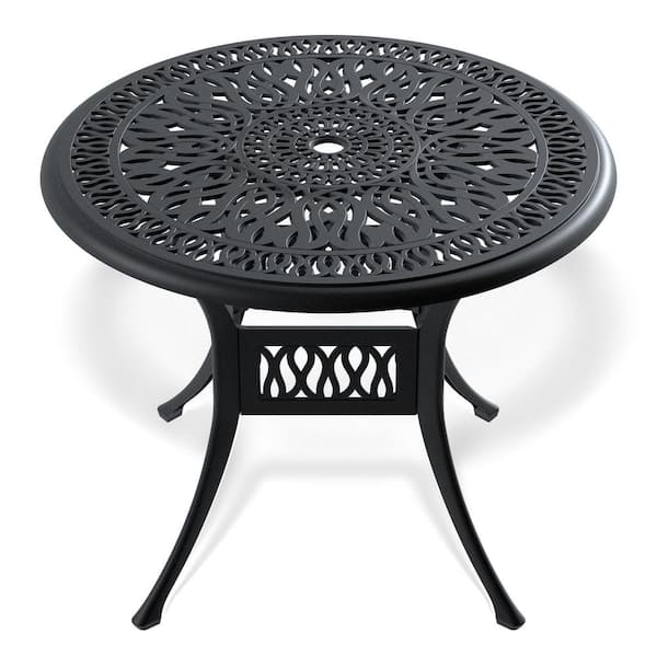 Zeus & Ruta 35.43 in. Round Cast Aluminum Patio Dining Table with Black Frame and Umbrella Hole for Backyard, Balcony and Poolside