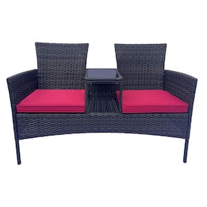 Brown Wicker Outdoor Loveseat with Tempered Glass Table Top and Red Cushions for Garden Lawn and Backyard