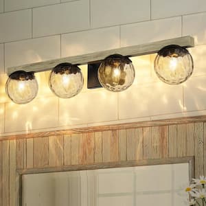 30 in. 4-Light Matte Black Industrial Bathroom Vanity Light with Faux Wood Metal Accent