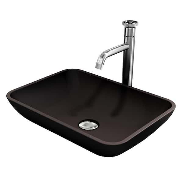 Matte Shell Sottile Glass Rectangular Vessel Bathroom Sink in Black with Cass Faucet and Pop-Up Drain in Brushed Nickel