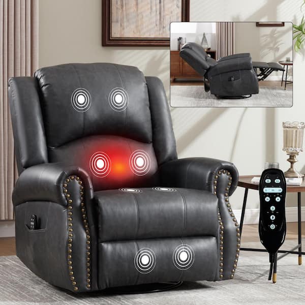 Grey 360° Genuine Leather Manual Swivel Rocker Recliner Chair with Massage and Heat, Nailhead Trim, Side Pocket