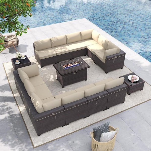 Halmuz 15-Piece Wicker Patio Fire Pit Set with Glass Coffee Tables 55,000 BTU Fire Pit Table, Glass Wind Guard and Cushion Sand