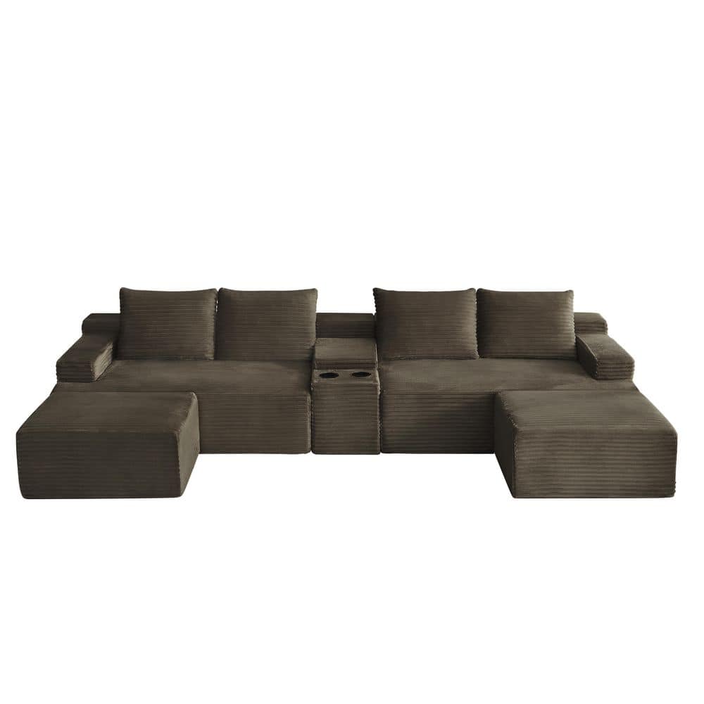 Modern 140.6 in. Corduroy Upholstered U-Shaped Compressible Modular Sectional Sofa with 2 Ottomans in Brown