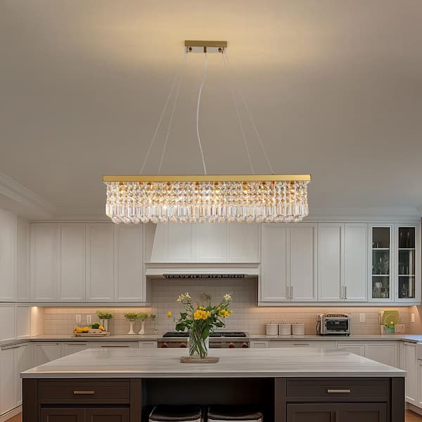 40 in. Modern 8-Lights Gold Rectangular Raindrop Crystal Chandelier for Dining Room Kitchen Island