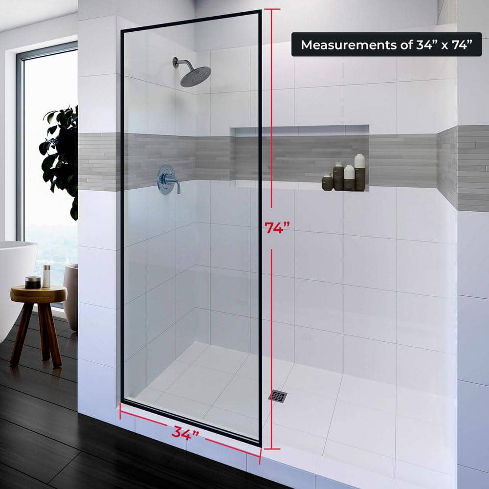 Velvon 34" x 74" Matte Black Framed Fixed Glass Shower Panel