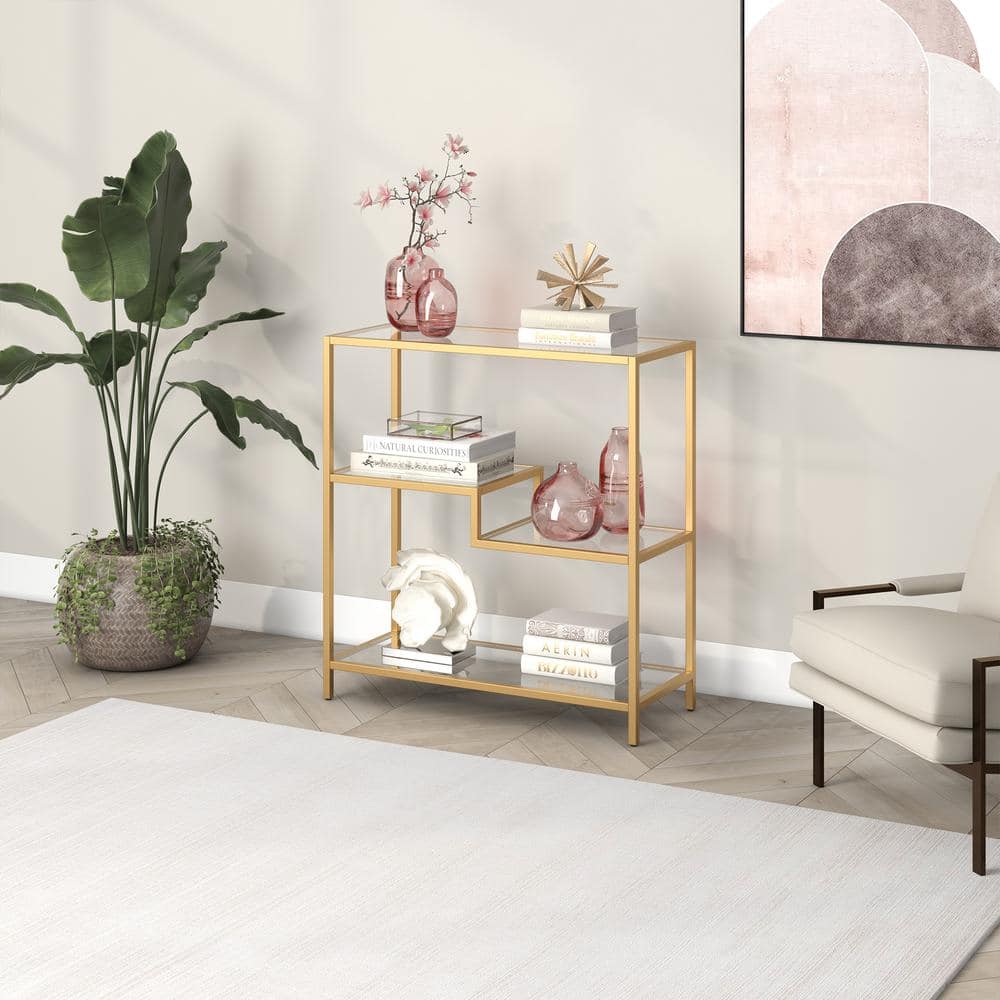 Staggered Gold-Tone 36" Tall Tempered Glass Bookcase