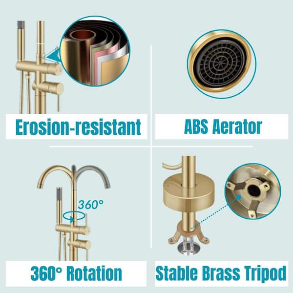 2-Handle Freestanding Tub Faucet with Hand Shower in Brushed Gold