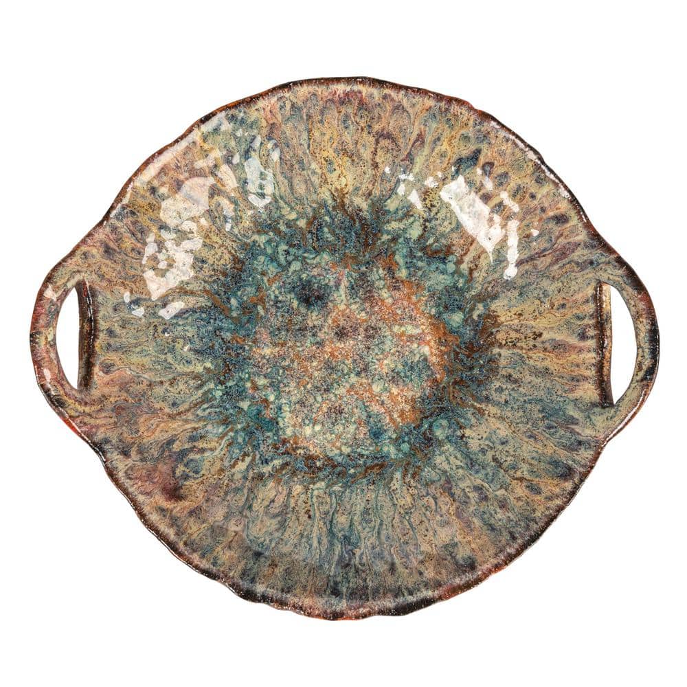 Multicolor Ceramic Serving Bowl with Handles and Reactive Glaze