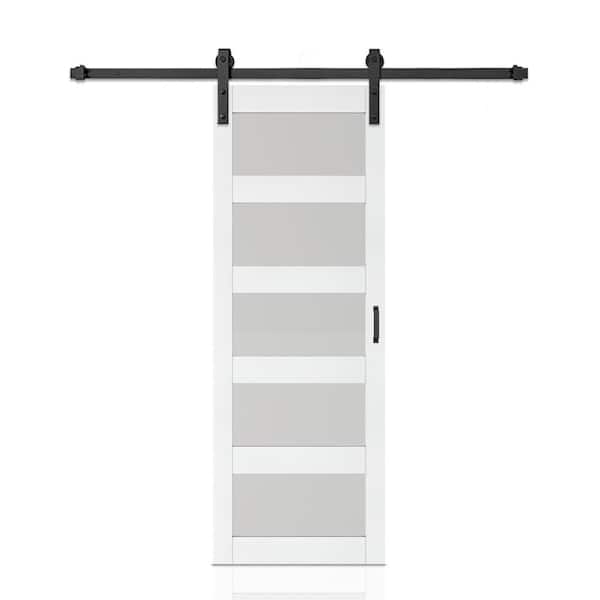 30 in. x 84 in. 5 Lite Tempered Frosted Glass White Finished Composite Interior Sliding Barn Door with Hardware Kit