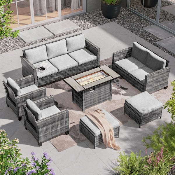 7-Pieces Patio Conversation Set with Rectangle Fire Pit Table and Loveseat, Gray Wicker with Linen Gray Cushions