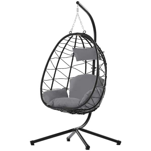 Angel Sar 1-Person Wicker Patio Swing Chair with Stand and Dark Gray Cusions
