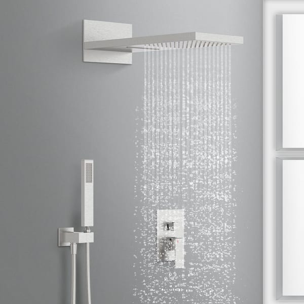 1-Handle 3-Spray Wall Mount Shower Faucet 9 in. Rainfall Shower Head Shower Hand in Brushed Nickel (Valve Included)