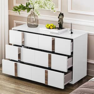 Elegant White 6-drawer 47.2 in. Wide Dresser with Metal Handle, Mirrored Storage Cabinet