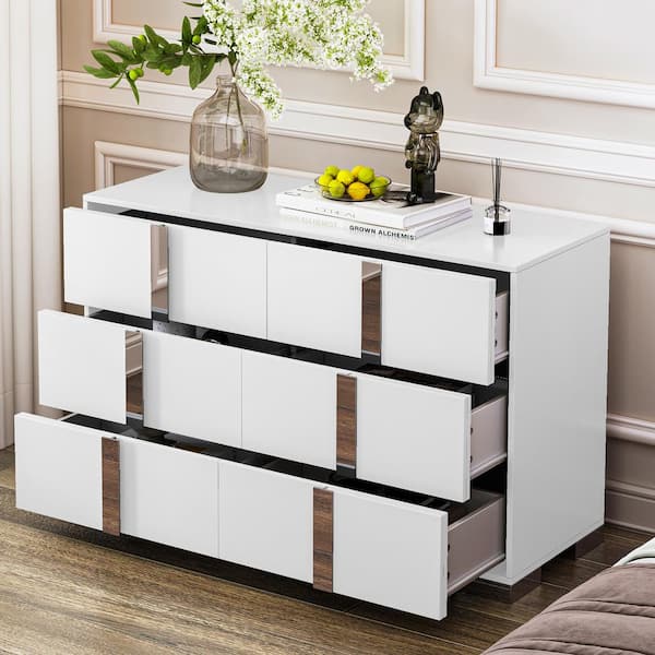 Harper & Bright Designs Elegant White 6-drawer 47.2 in. Wide Dresser with Metal Handle, Mirrored Storage Cabinet