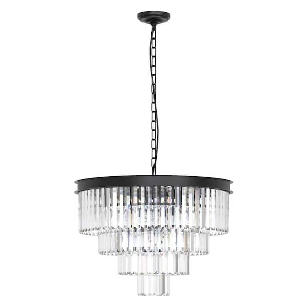12-Light 4-Tier Black Crystal Chandelier, 24 in. Modern Statement Pendant for Bedroom, Dining Room, or Living Space